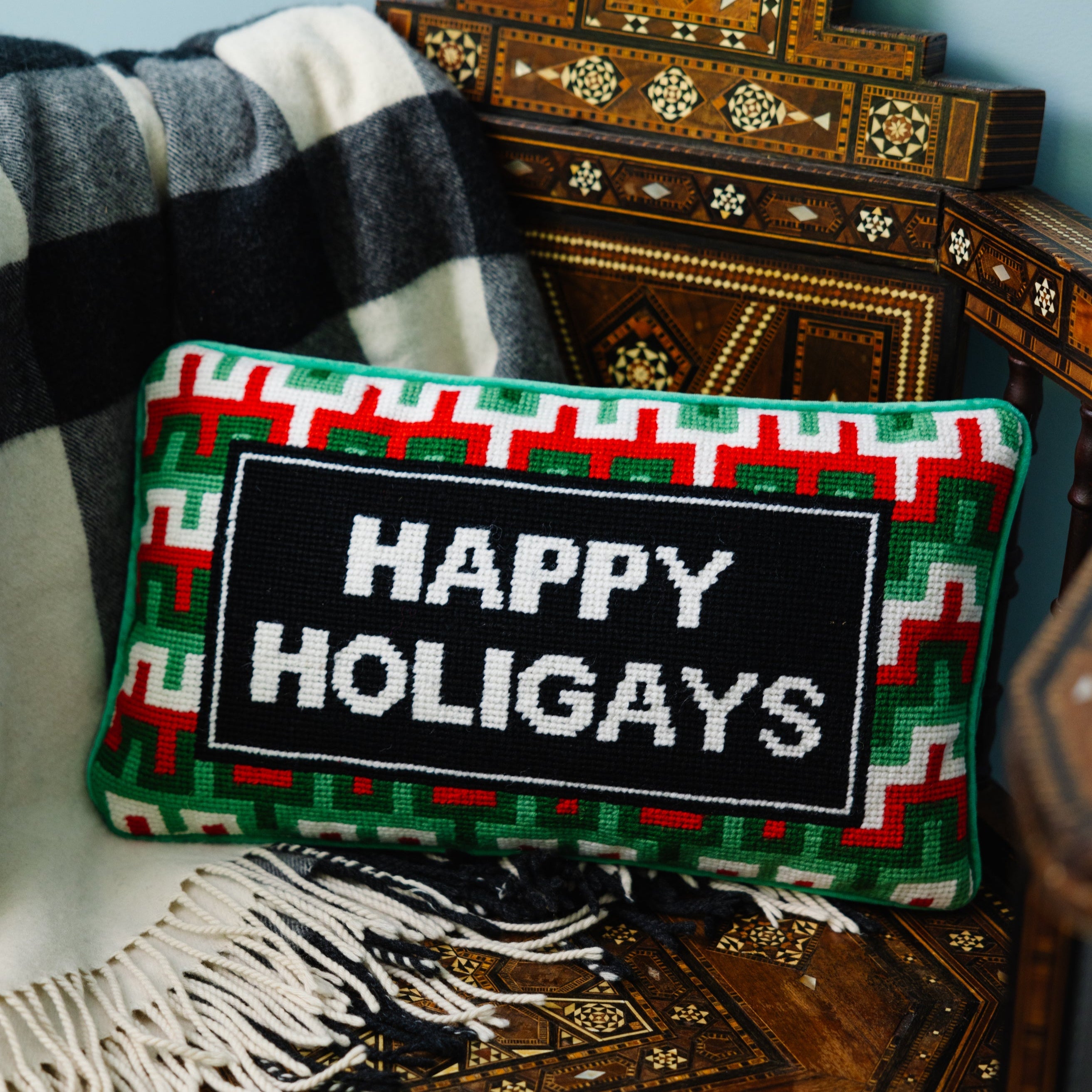 Happy Holigays Needlepoint Pillow