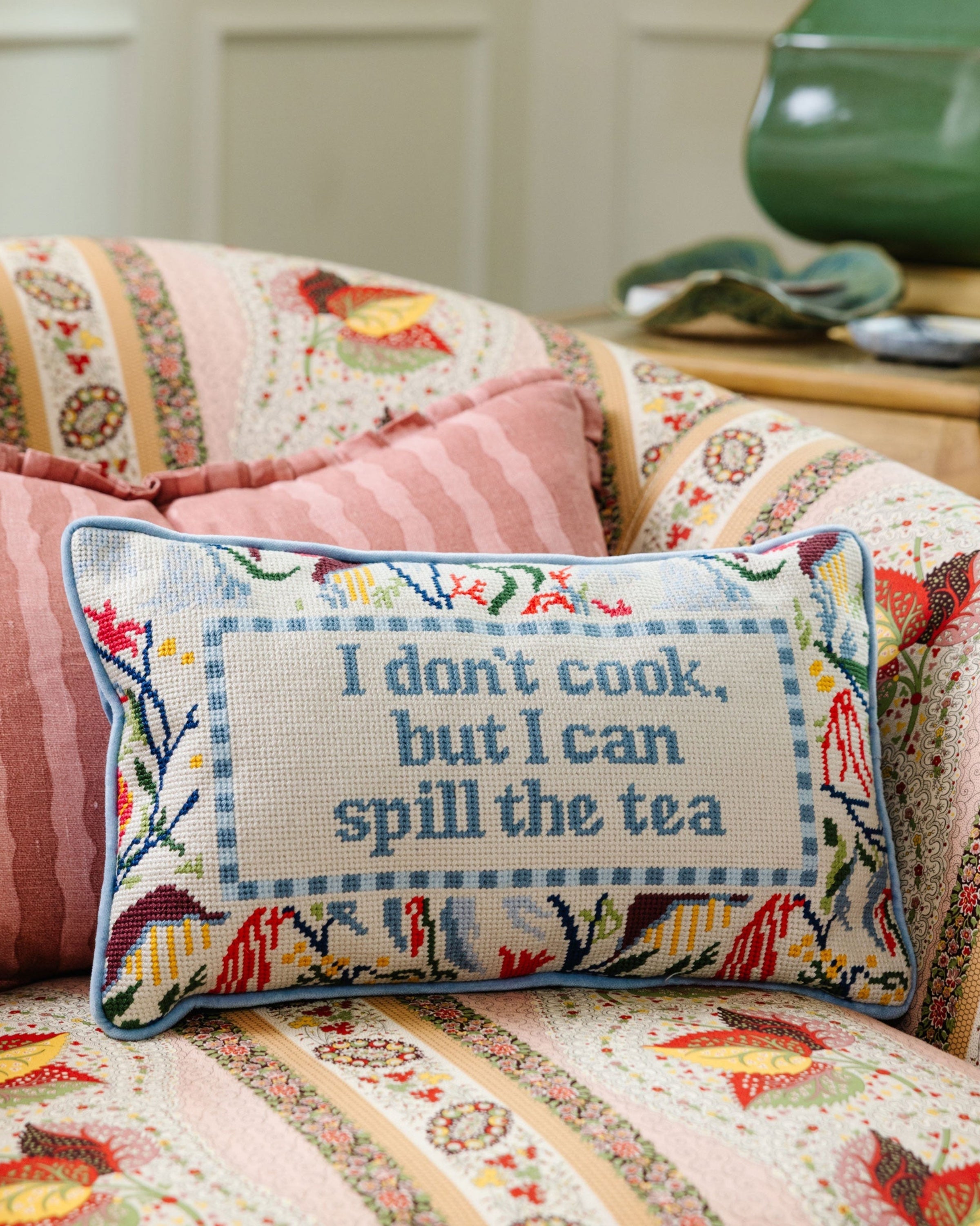 Spill the Tea Needlepoint Pillow