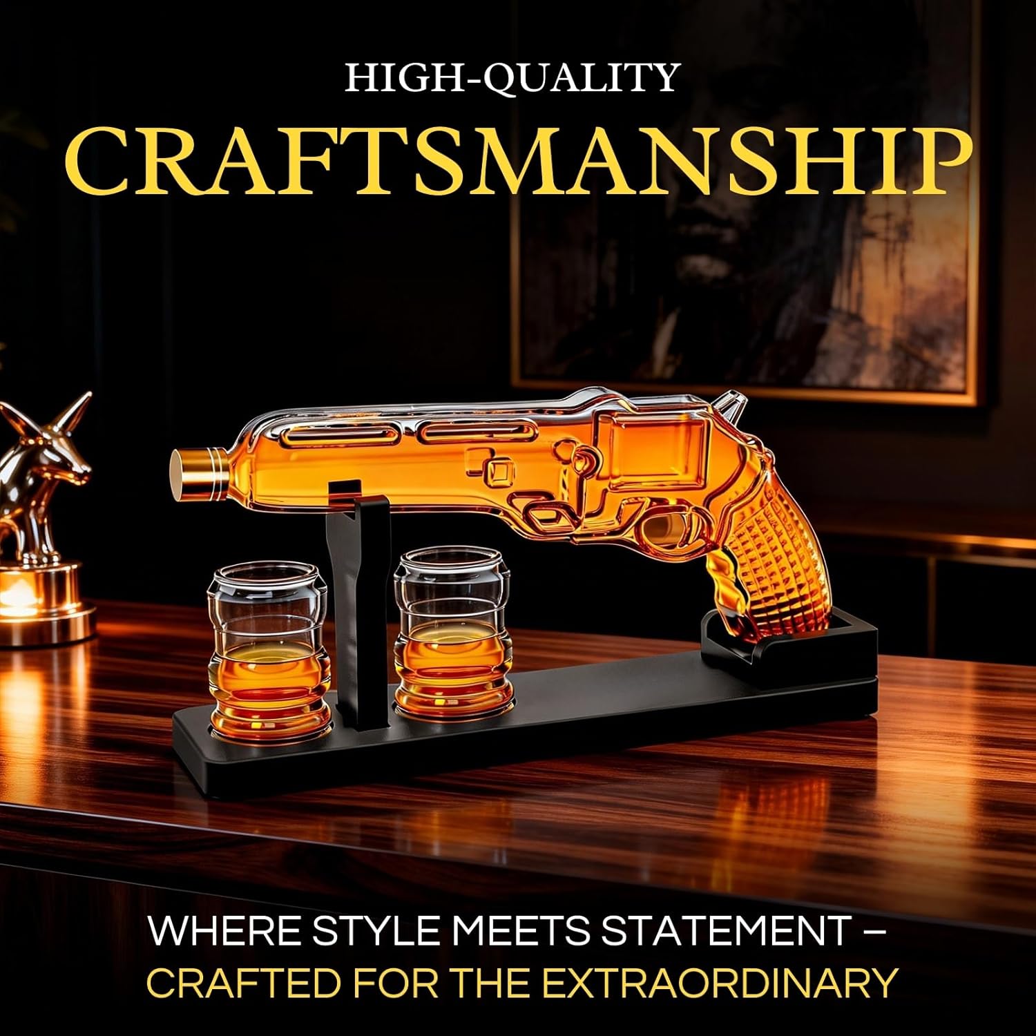 Whiskey Decanter Set 7.7 Oz with Two 1.6 Oz Shot Glasses | Pistol Gun Unique Birthday Gift Ideas For Son, Gifts for Men Dad, Home Bar Gifts, Drinking Accessories Funny Military Present Cool Dispenser