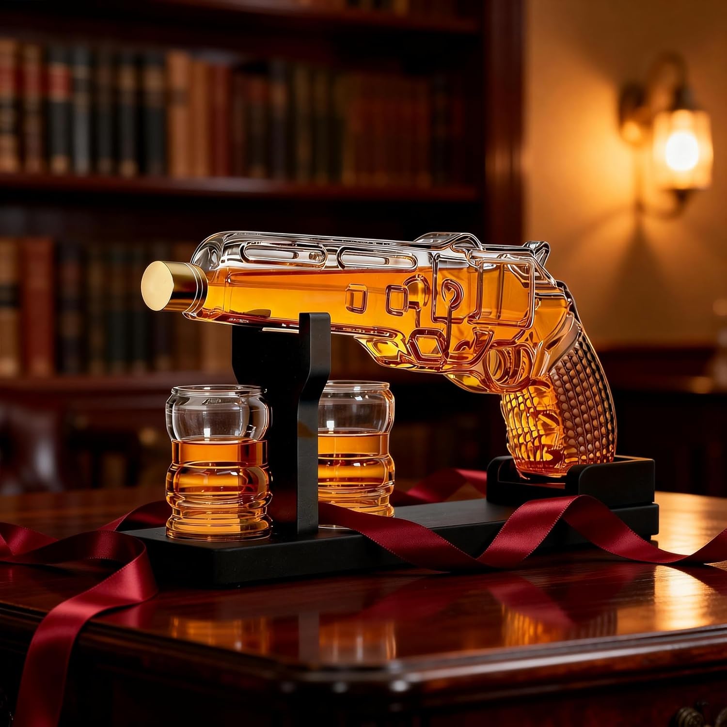 Whiskey Decanter Set 7.7 Oz with Two 1.6 Oz Shot Glasses | Pistol Gun Unique Birthday Gift Ideas For Son, Gifts for Men Dad, Home Bar Gifts, Drinking Accessories Funny Military Present Cool Dispenser