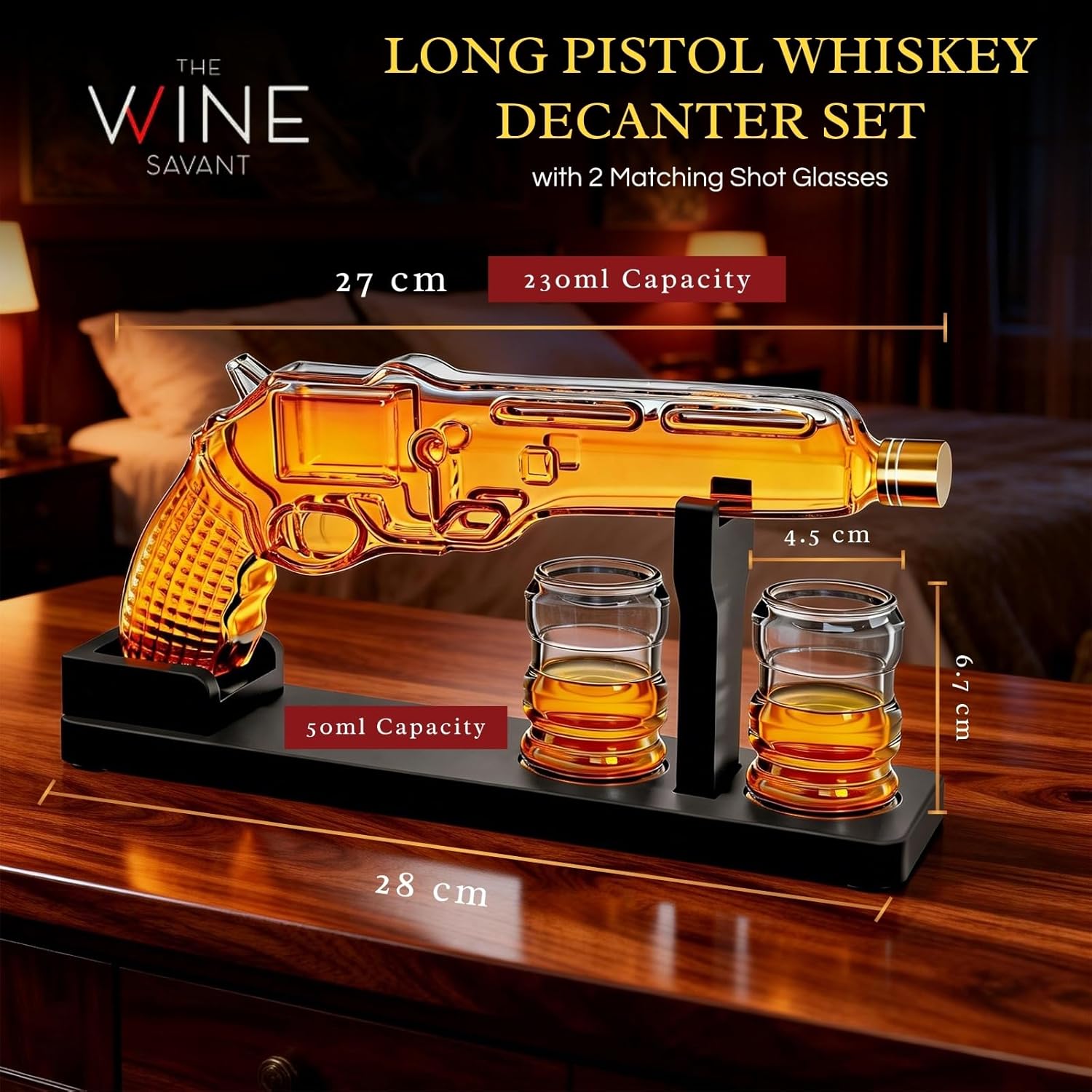 Whiskey Decanter Set 7.7 Oz with Two 1.6 Oz Shot Glasses | Pistol Gun Unique Birthday Gift Ideas For Son, Gifts for Men Dad, Home Bar Gifts, Drinking Accessories Funny Military Present Cool Dispenser