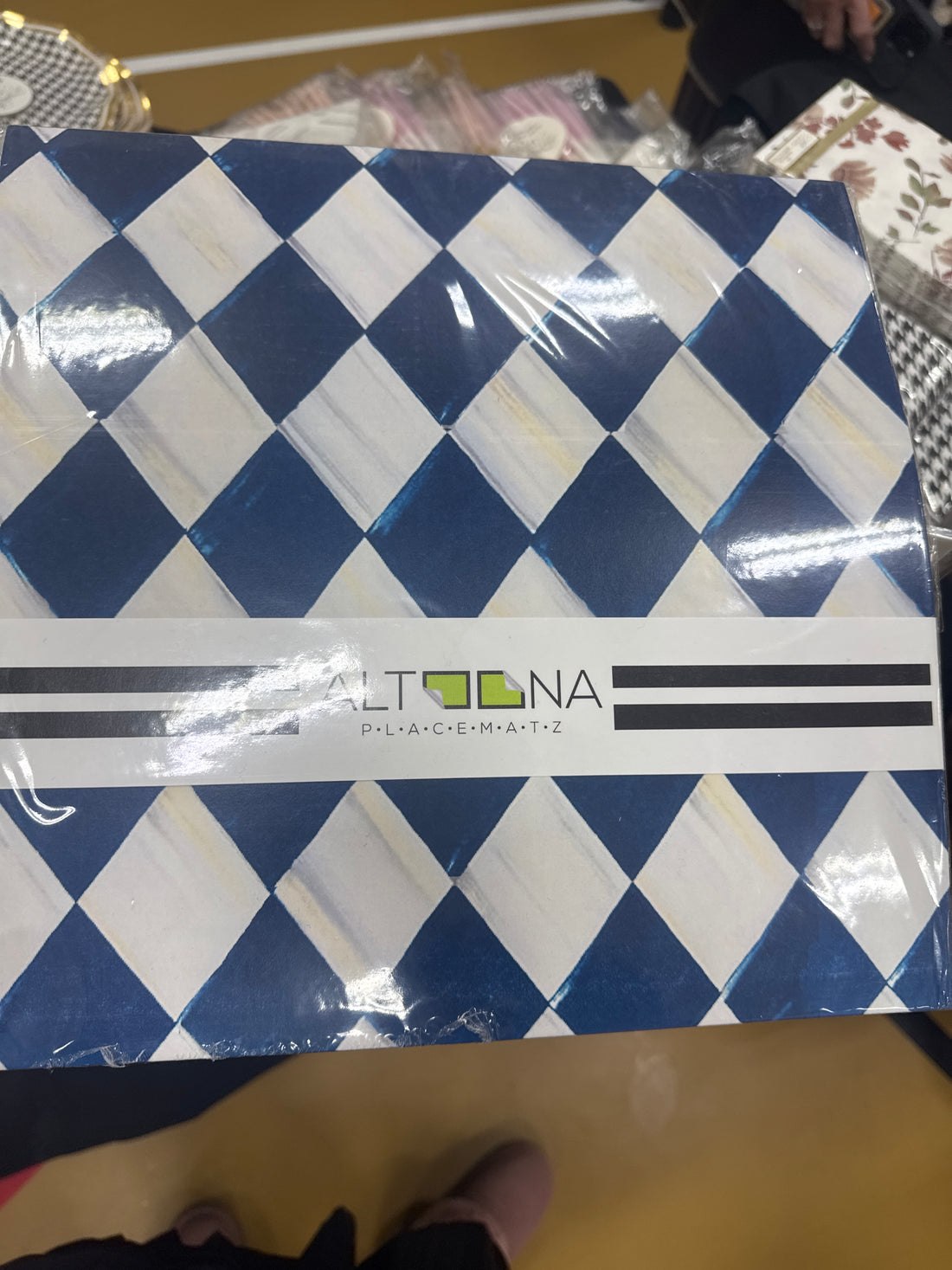 altoona paper placemat/ charger- Harley Quinn, blue and white Mackenzie