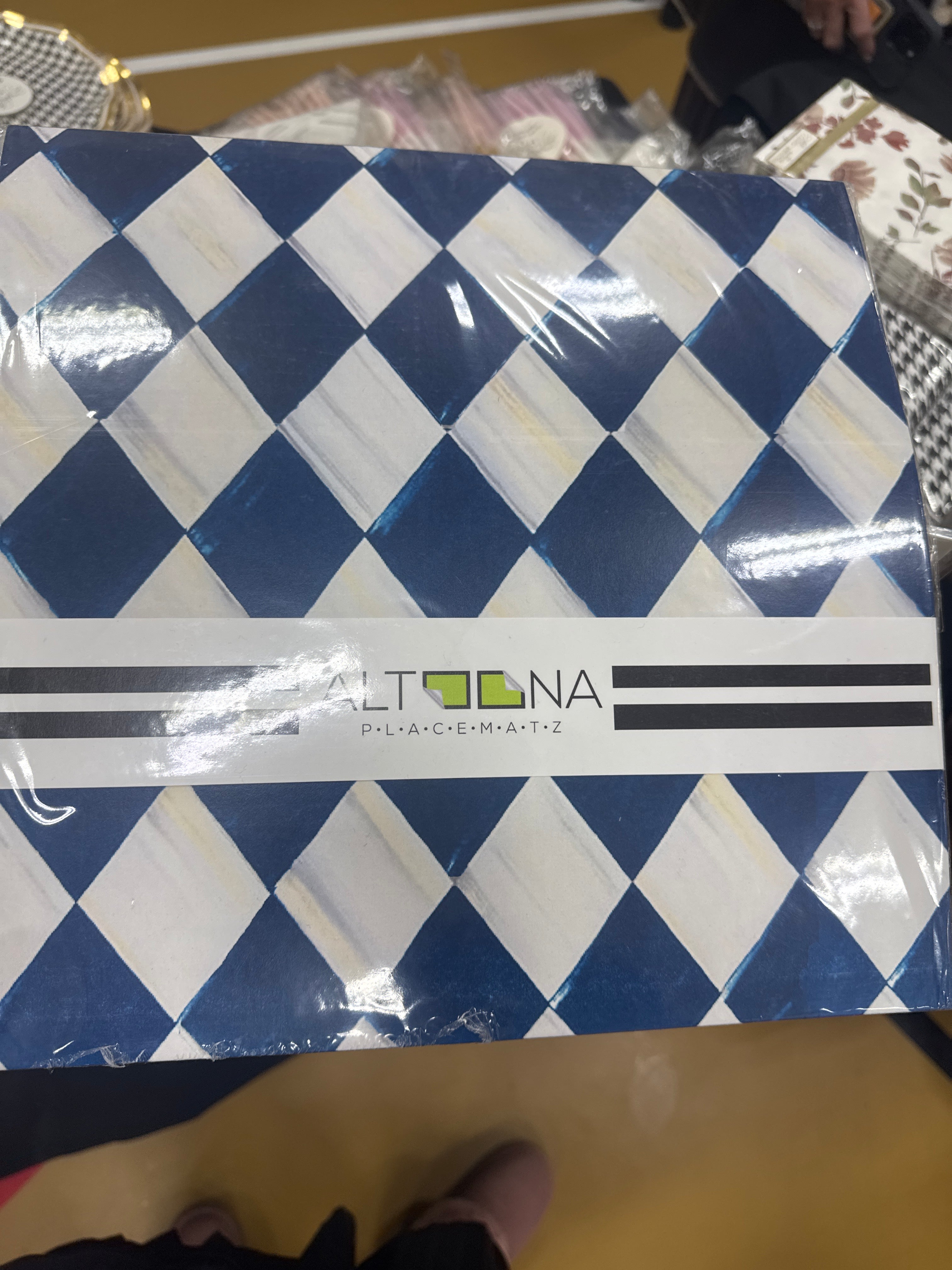 altoona paper placemat/ charger- Harley Quinn, blue and white Mackenzie