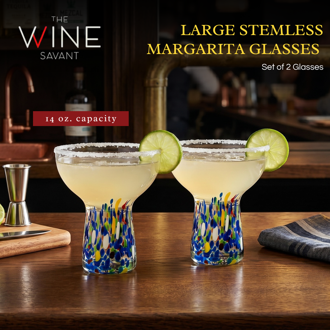 Stemless Margarita Glass Set Of 2 14OZ Luxury Hand Blown Confetti Margaritas For Cocktails Water Win