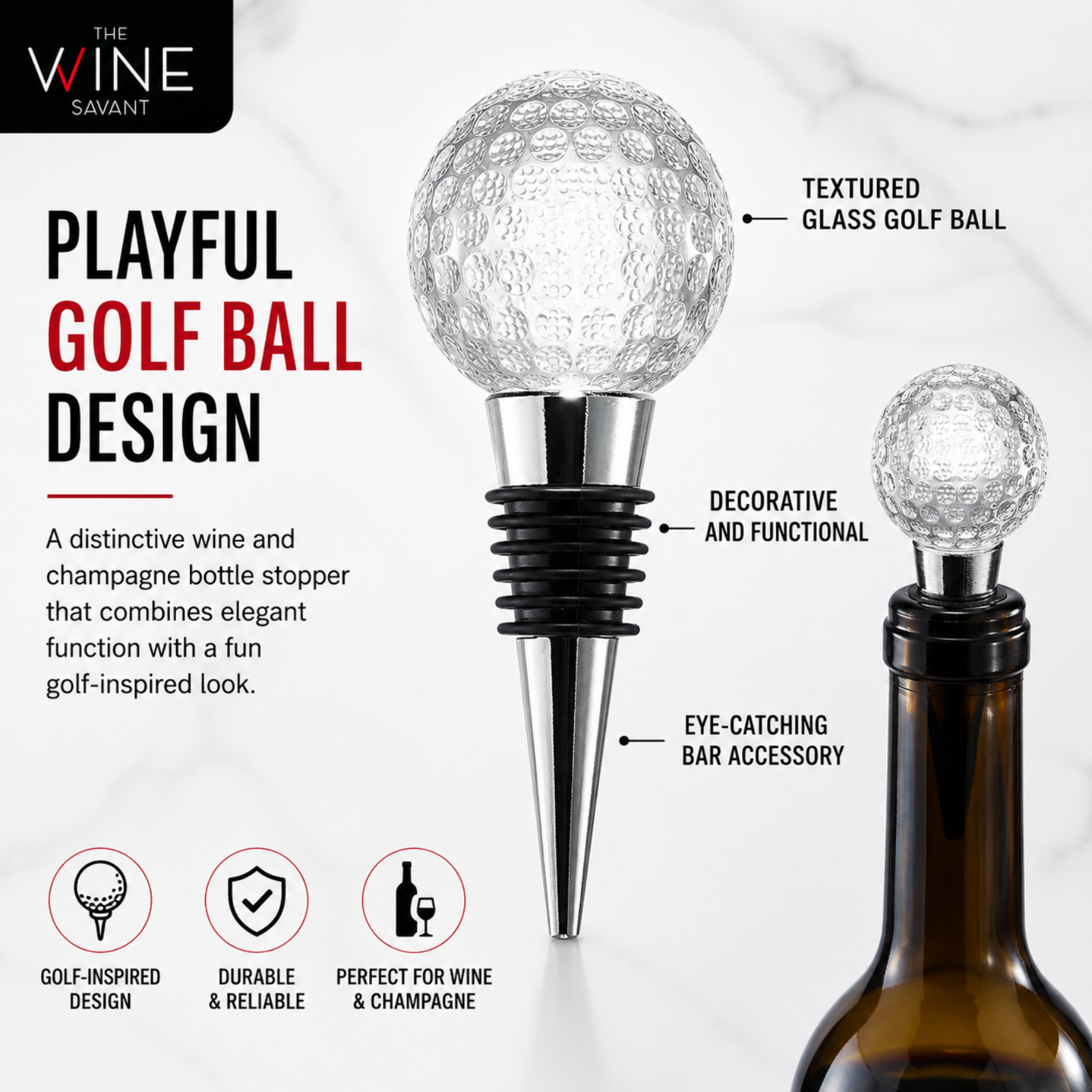 Golf Ball Wine Champagne Bottle Stopper Mouth Blown Lead Free Clear Glass Stopper Novelty Glassware