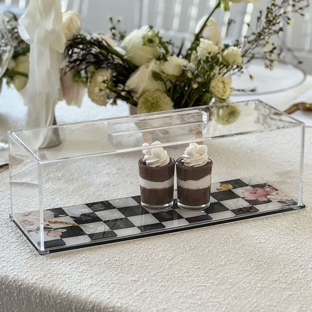 Lucite Black Chic Checkered Rectangle Cake Dome