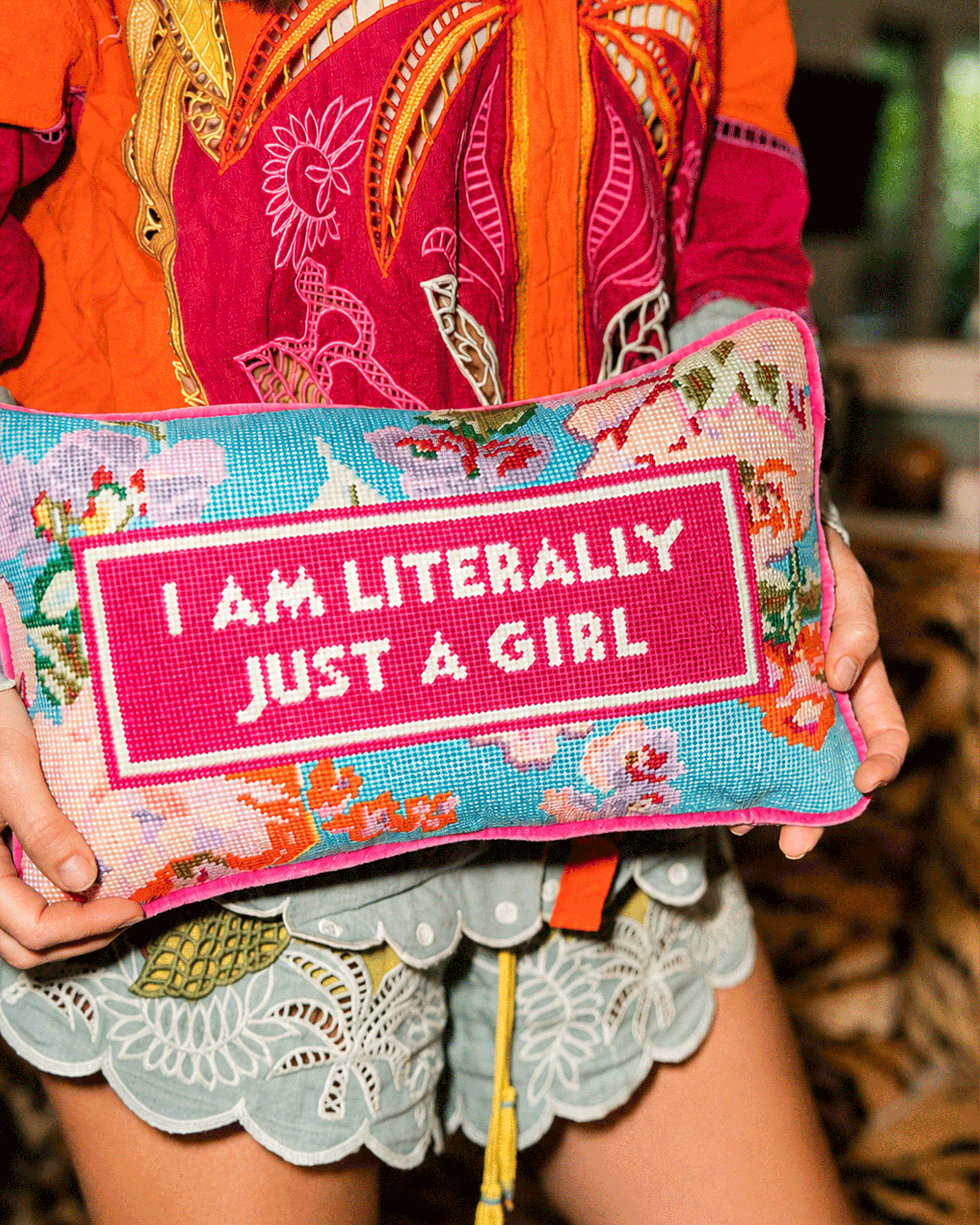 Just A Girl Needlepoint Pillow