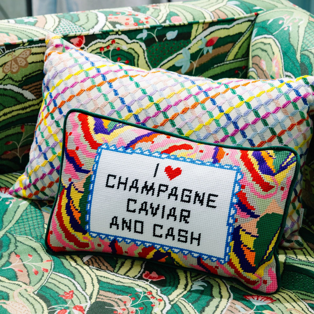 Caviar and Cash Needlepoint Pillow
