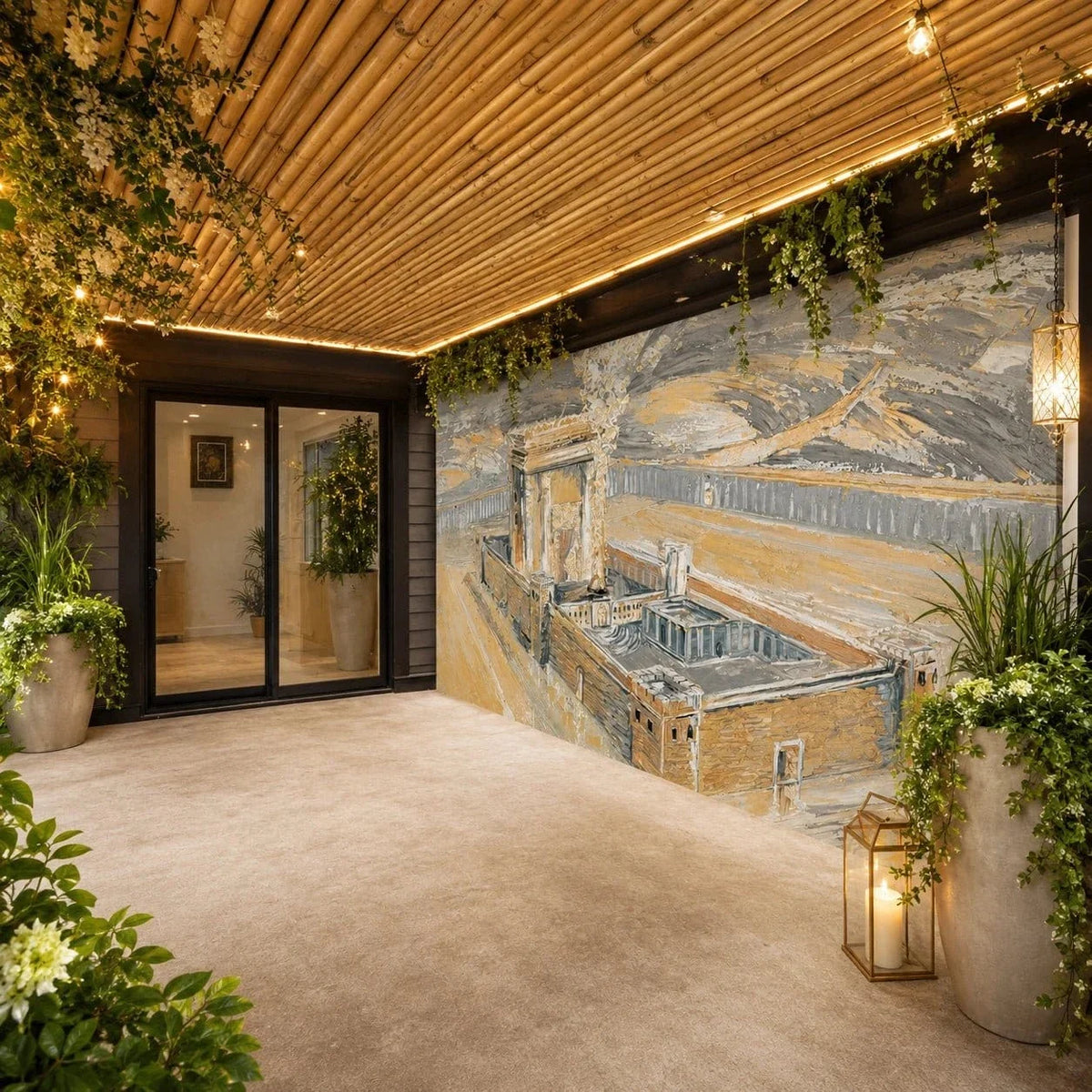 Bais Hamikdash of Gray & Gold Vinyl Sukkah Mural Decoration