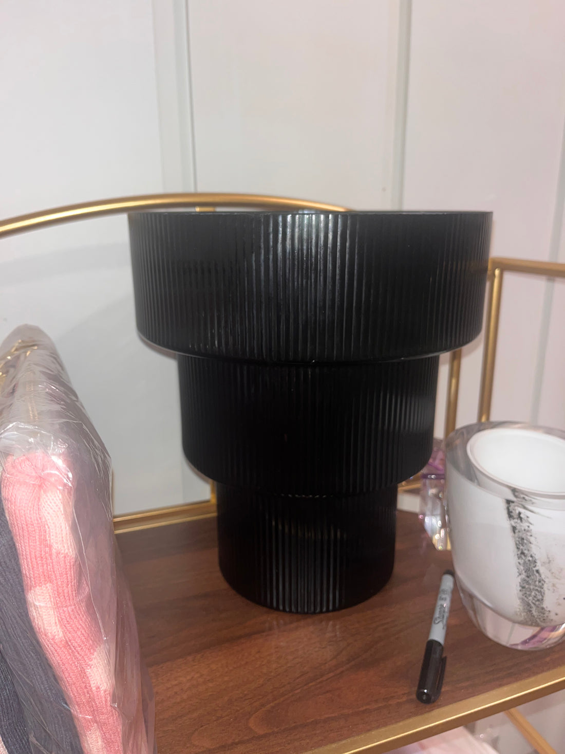 Black glass three tiered round fluted large vase