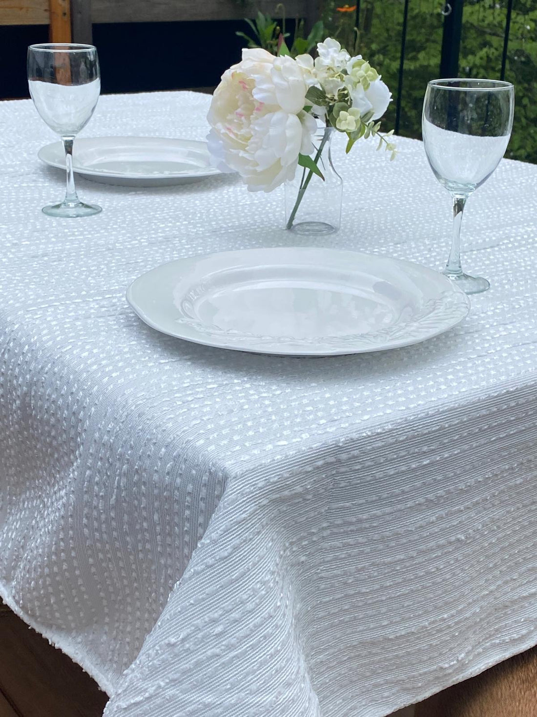 Textured white tablecloth