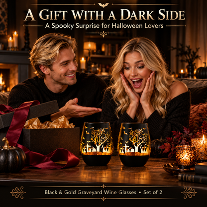 Crystal Halloween Stemless Wine Glass Set Of 2 Themed Vibrant Black Gold Etched Spooky Graveyard Pat