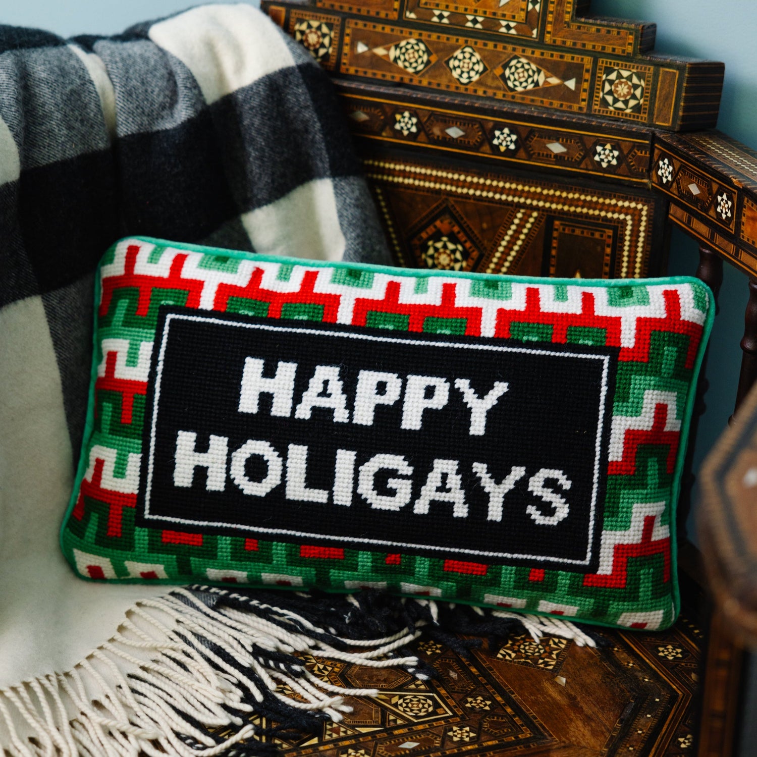 Happy Holigays Needlepoint Pillow