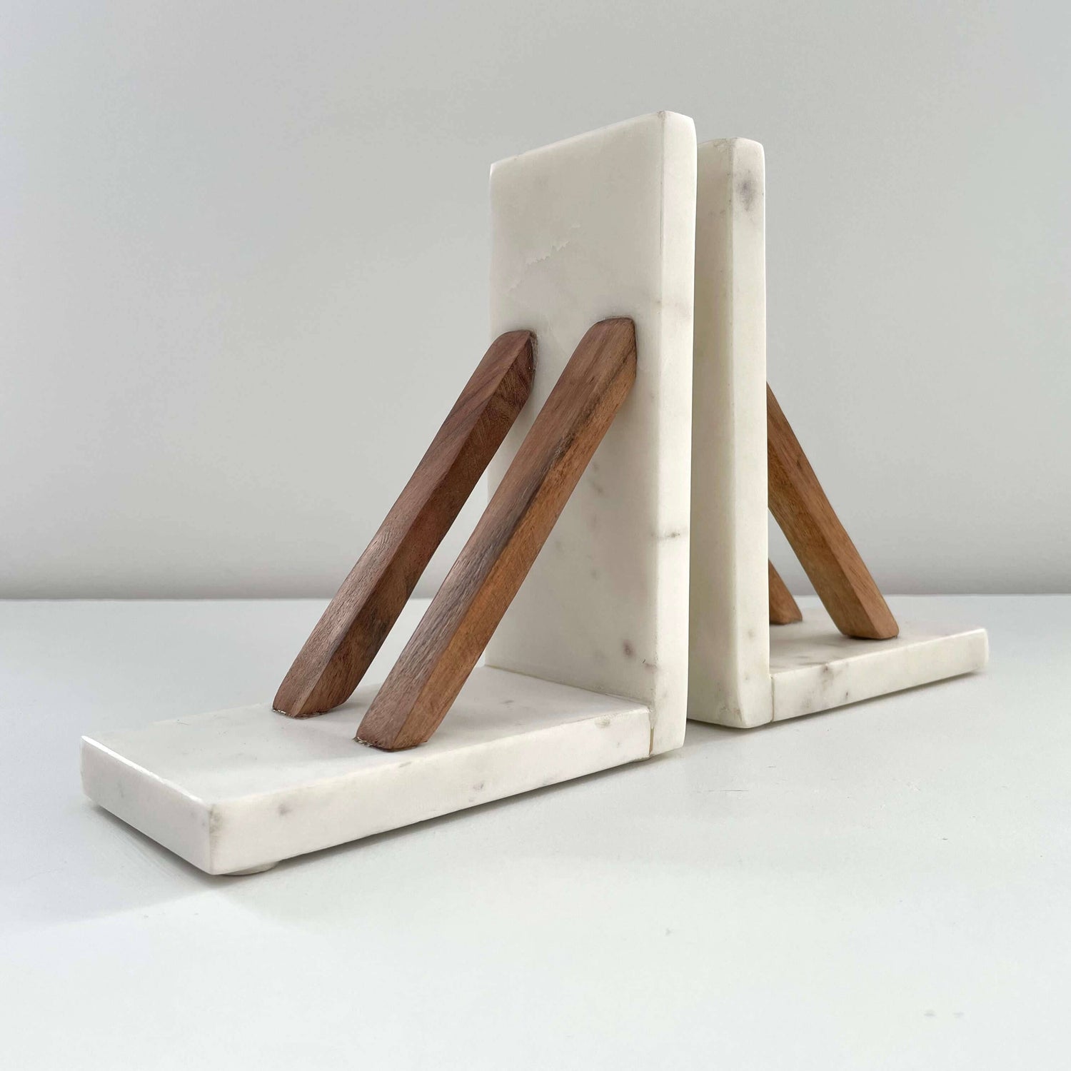 White marble &amp; acacia wood handmade minimal neutral bookends