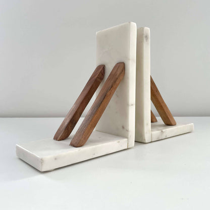White marble &amp; acacia wood handmade minimal neutral bookends