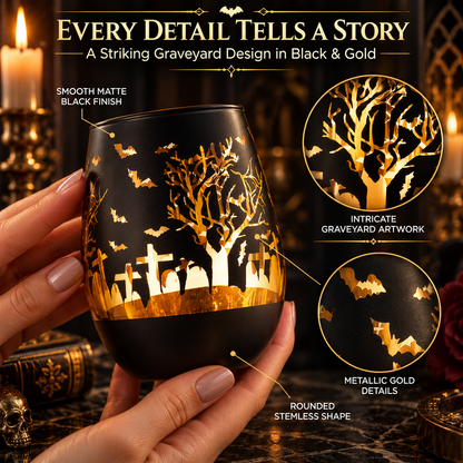 Crystal Halloween Stemless Wine Glass Set Of 2 Themed Vibrant Black Gold Etched Spooky Graveyard Pat