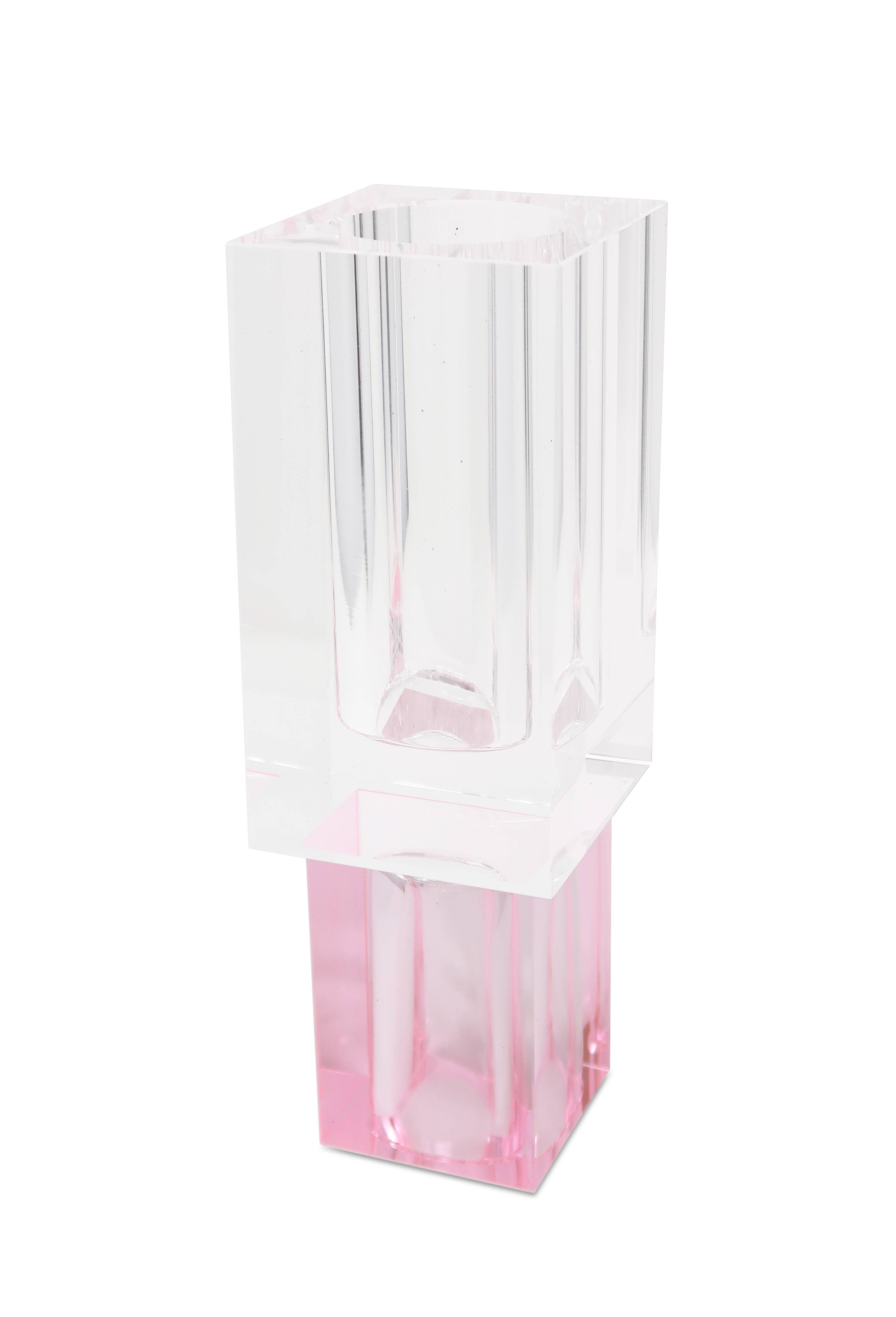 Crystal Square Vase with Colored Base: Large / Pink