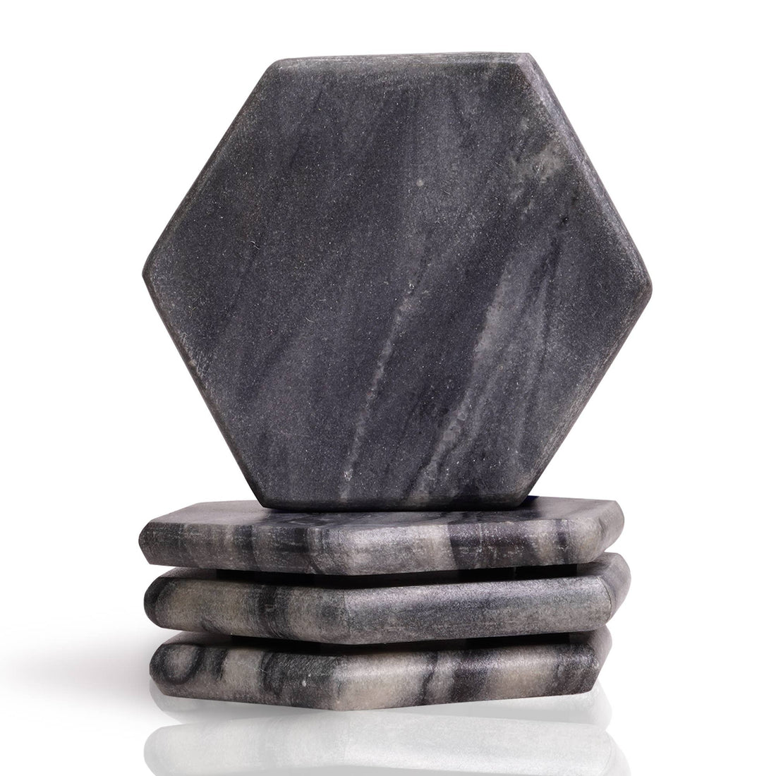 Coaster Set of 4 in Black Marble - Hexagon Shape - 4&quot; x 4