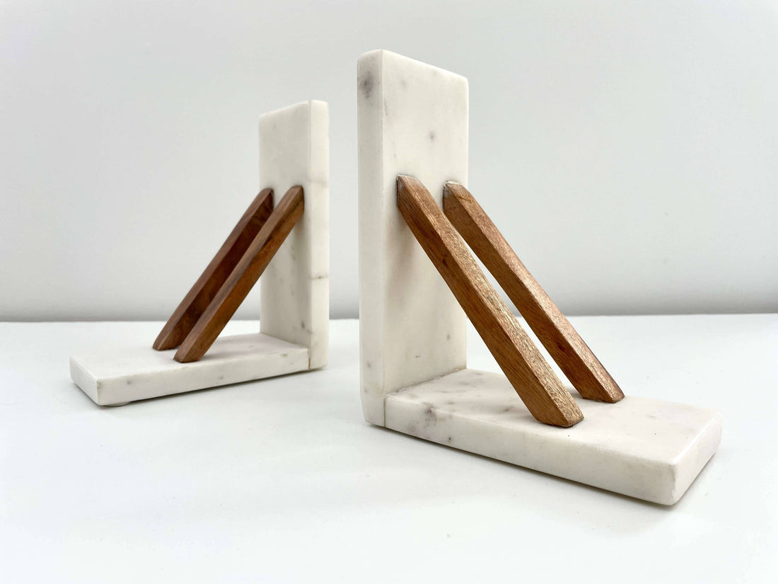White marble &amp; acacia wood handmade minimal neutral bookends