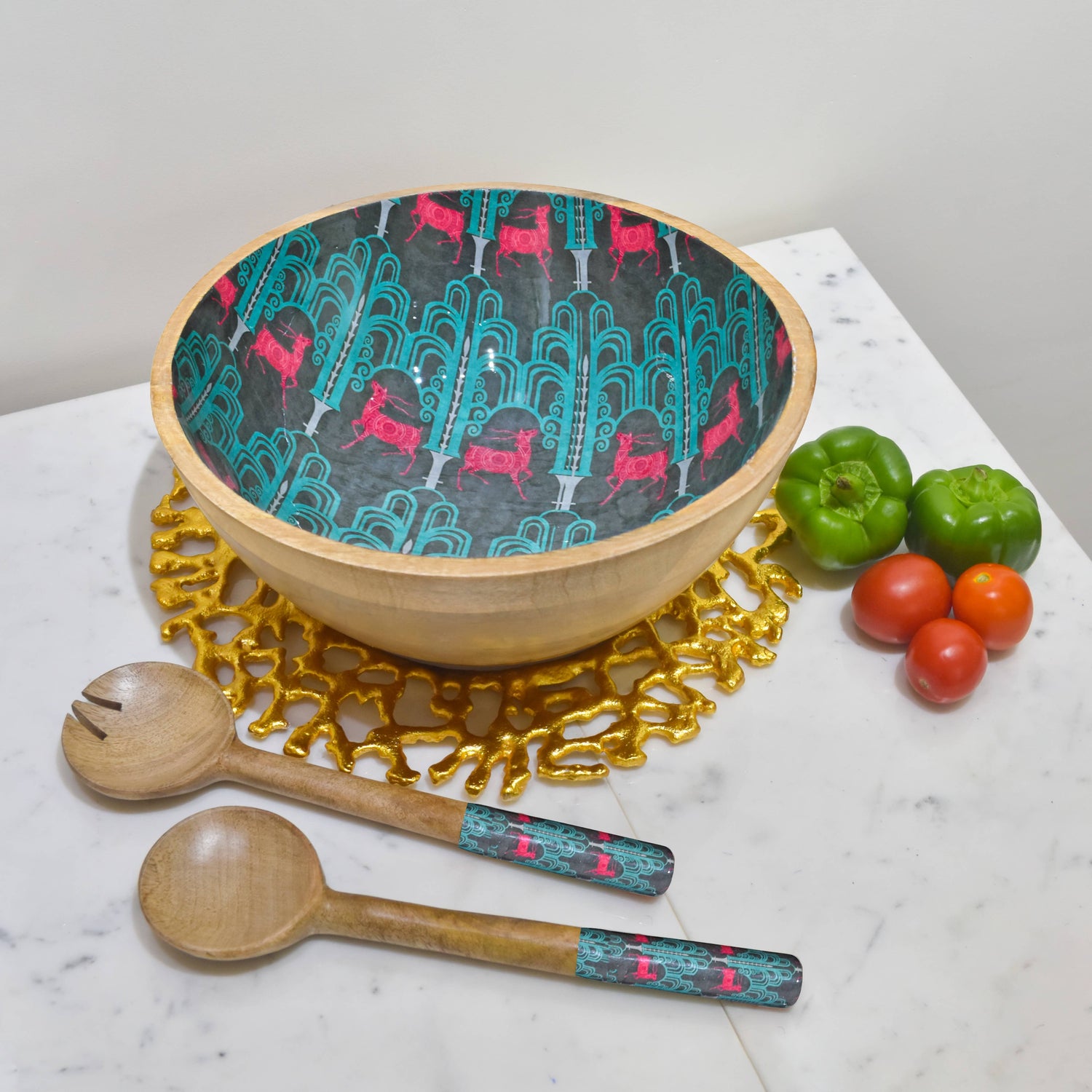 Deer Damask  Salad Bowl with Salad Servers