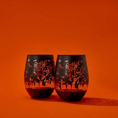 Crystal Halloween Stemless Wine Glass - Set of 2 - Themed Vibrant Black &amp; Gold Etched Spooky Graveyard Pattern Frosted Glass, Perfect for Themed Gothic Parties Trick Or Treat Gift For Him Her (16 OZ)