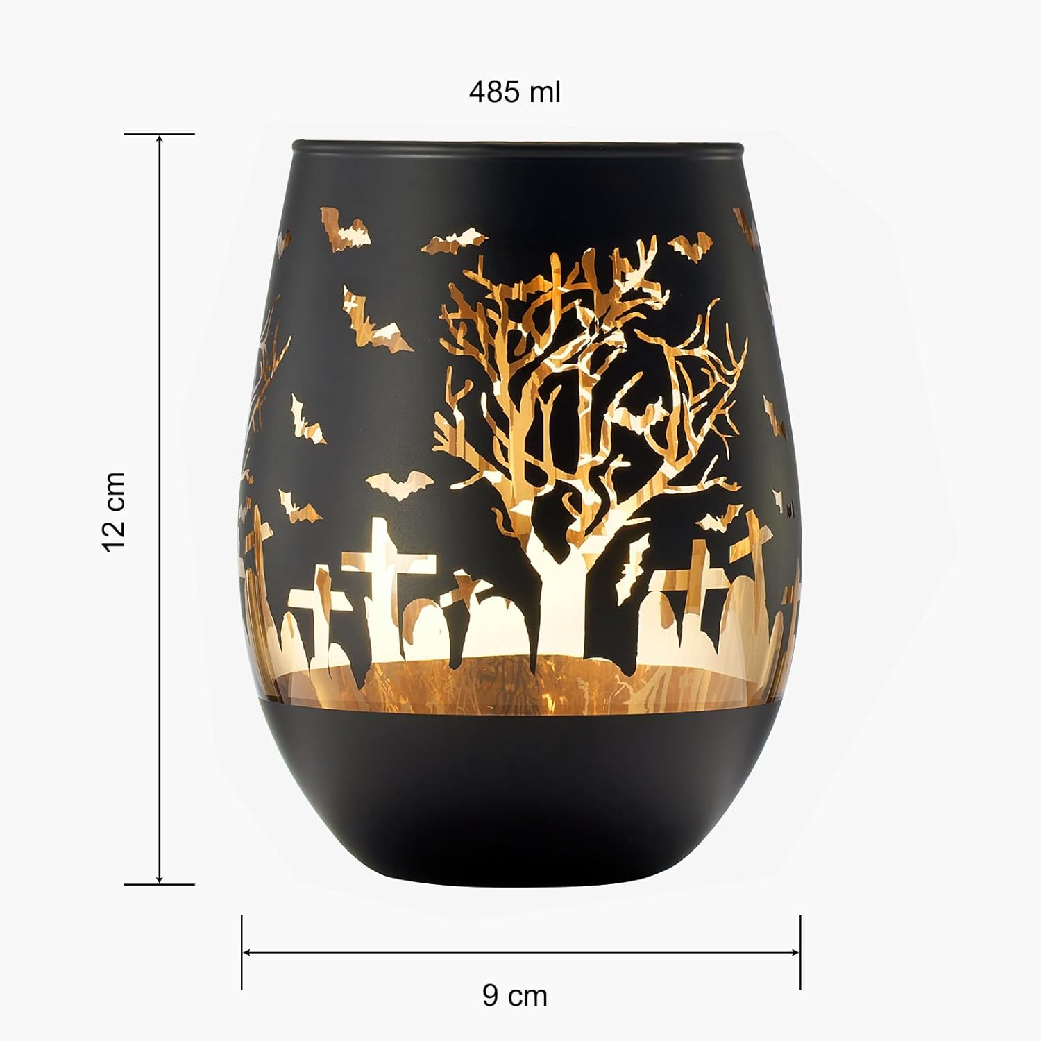 Crystal Halloween Stemless Wine Glass - Set of 2 - Themed Vibrant Black &amp; Gold Etched Spooky Graveyard Pattern Frosted Glass, Perfect for Themed Gothic Parties Trick Or Treat Gift For Him Her (16 OZ)