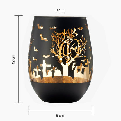 Crystal Halloween Stemless Wine Glass - Set of 2 - Themed Vibrant Black &amp; Gold Etched Spooky Graveyard Pattern Frosted Glass, Perfect for Themed Gothic Parties Trick Or Treat Gift For Him Her (16 OZ)