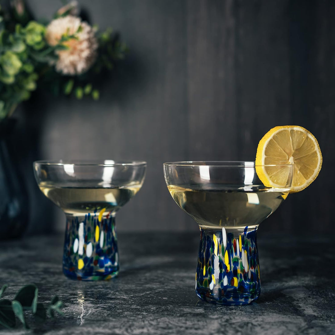 Stemless Margarita Glass – Set of 2-14OZ Luxury Hand Blown Confetti Margaritas, for Cocktails, Water, Wine, Dessert, Martini &amp; Champagne Glasses Cinco de Mayo, Hand Blown Glass - Mexican Confetti