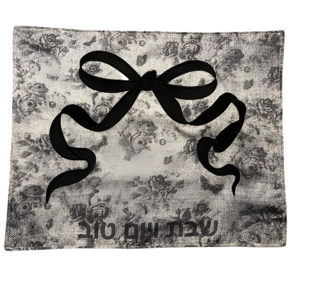 Black bow floral challah cover