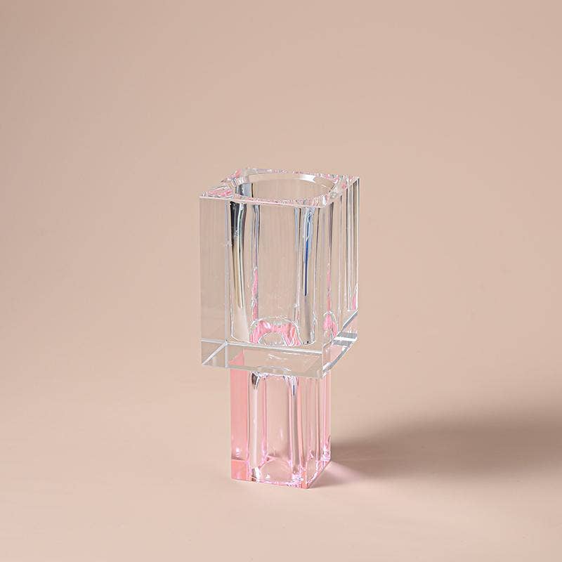 Crystal Square Vase with Colored Base: Large / Pink