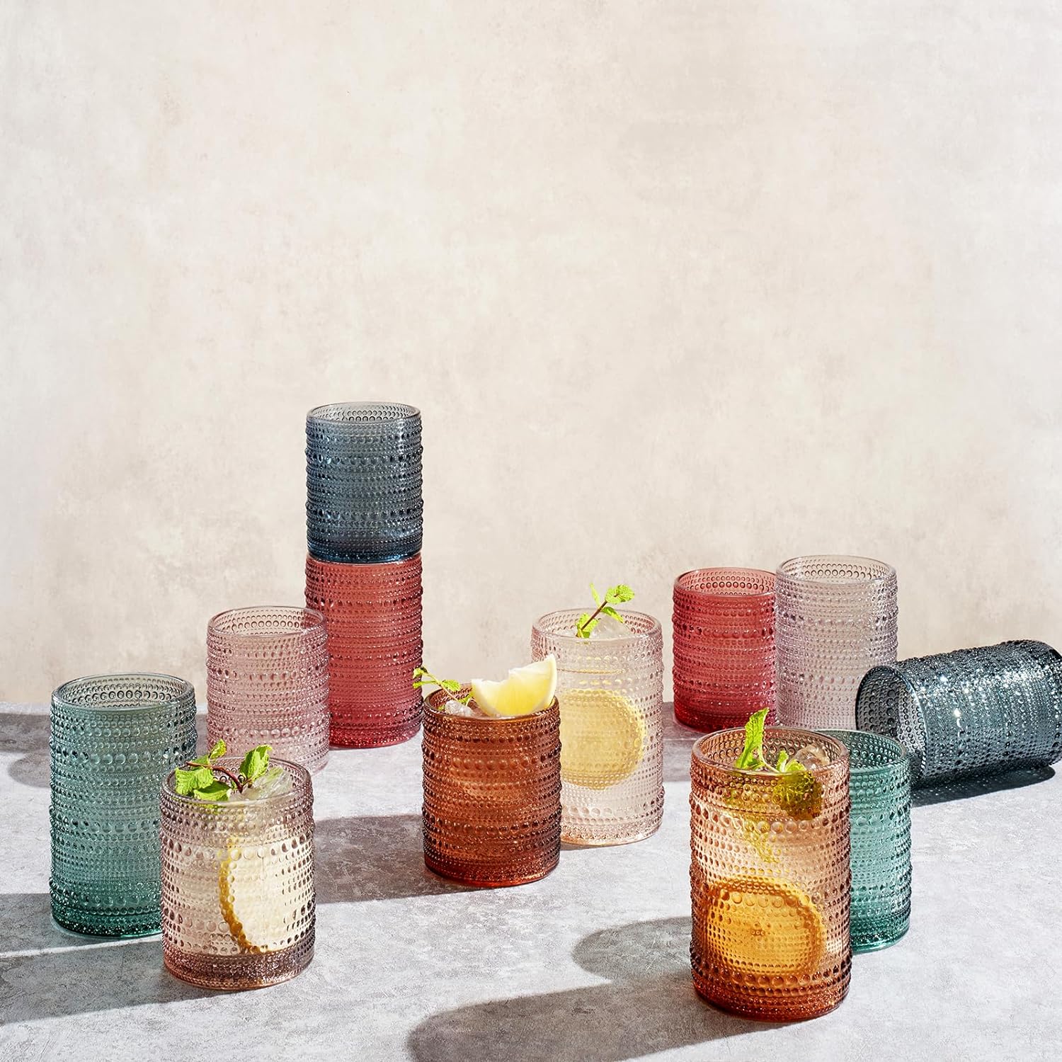 Hobnail Drinking Glasses Pastel Colored Beaded Drinking | Set of 12