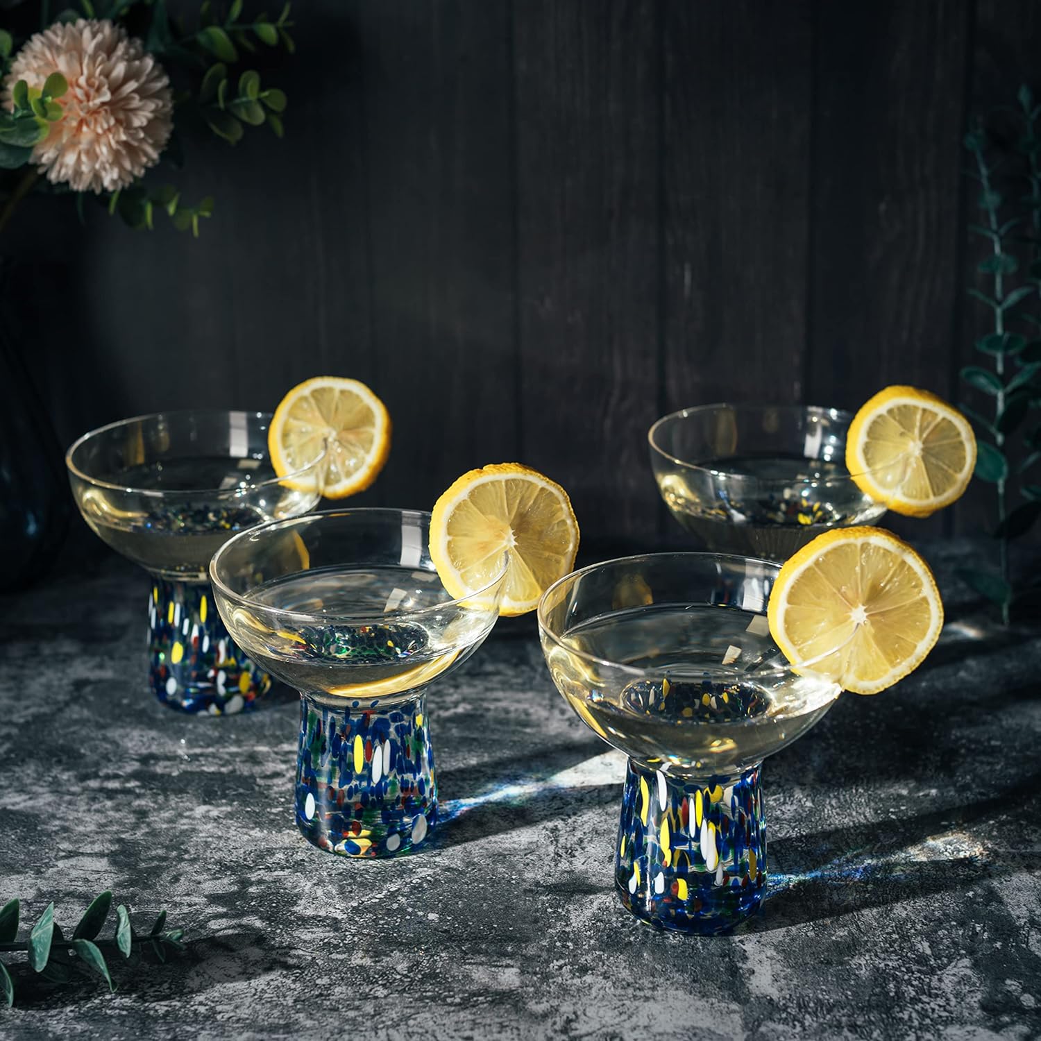 Stemless Margarita Glass – Set of 2-14OZ Luxury Hand Blown Confetti Margaritas, for Cocktails, Water, Wine, Dessert, Martini &amp; Champagne Glasses Cinco de Mayo, Hand Blown Glass - Mexican Confetti