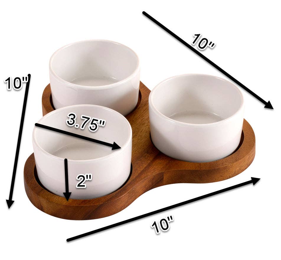 Triangular Serving Set with 3 White Ceramic Dishes with Lids