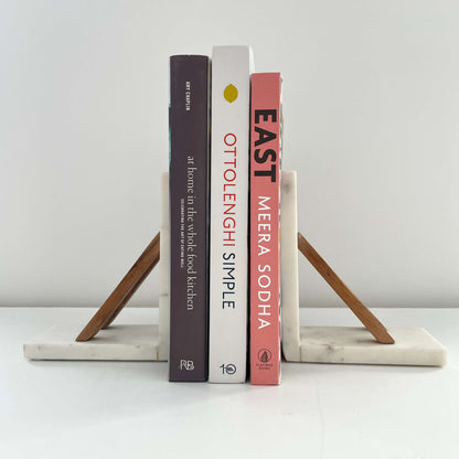 White marble &amp; acacia wood handmade minimal neutral bookends