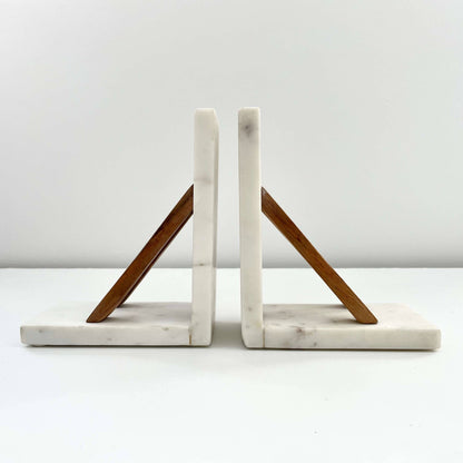 White marble &amp; acacia wood handmade minimal neutral bookends