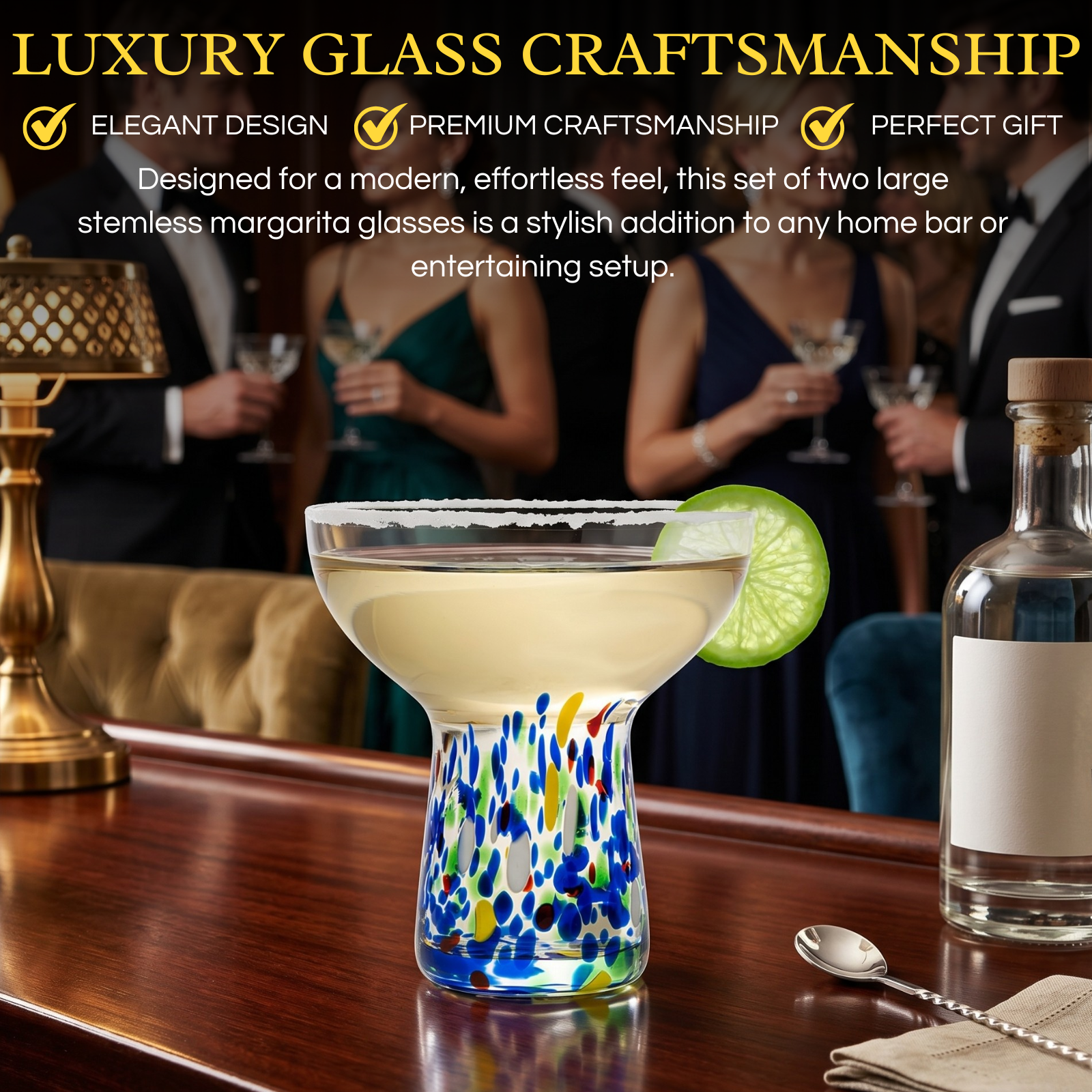 Stemless Margarita Glass Set Of 2 14OZ Luxury Hand Blown Confetti Margaritas For Cocktails Water Win