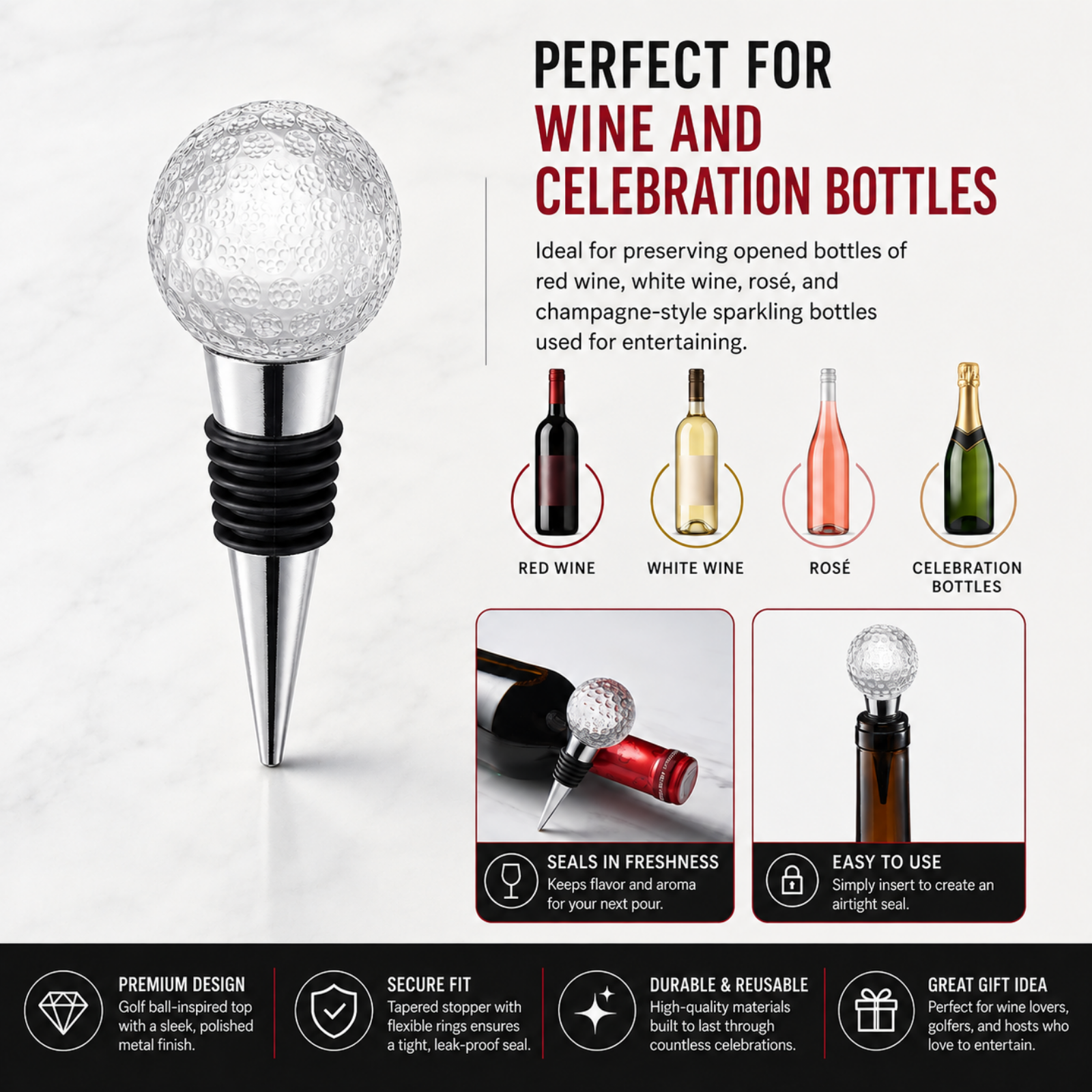 Golf Ball Wine Champagne Bottle Stopper Mouth Blown Lead Free Clear Glass Stopper Novelty Glassware