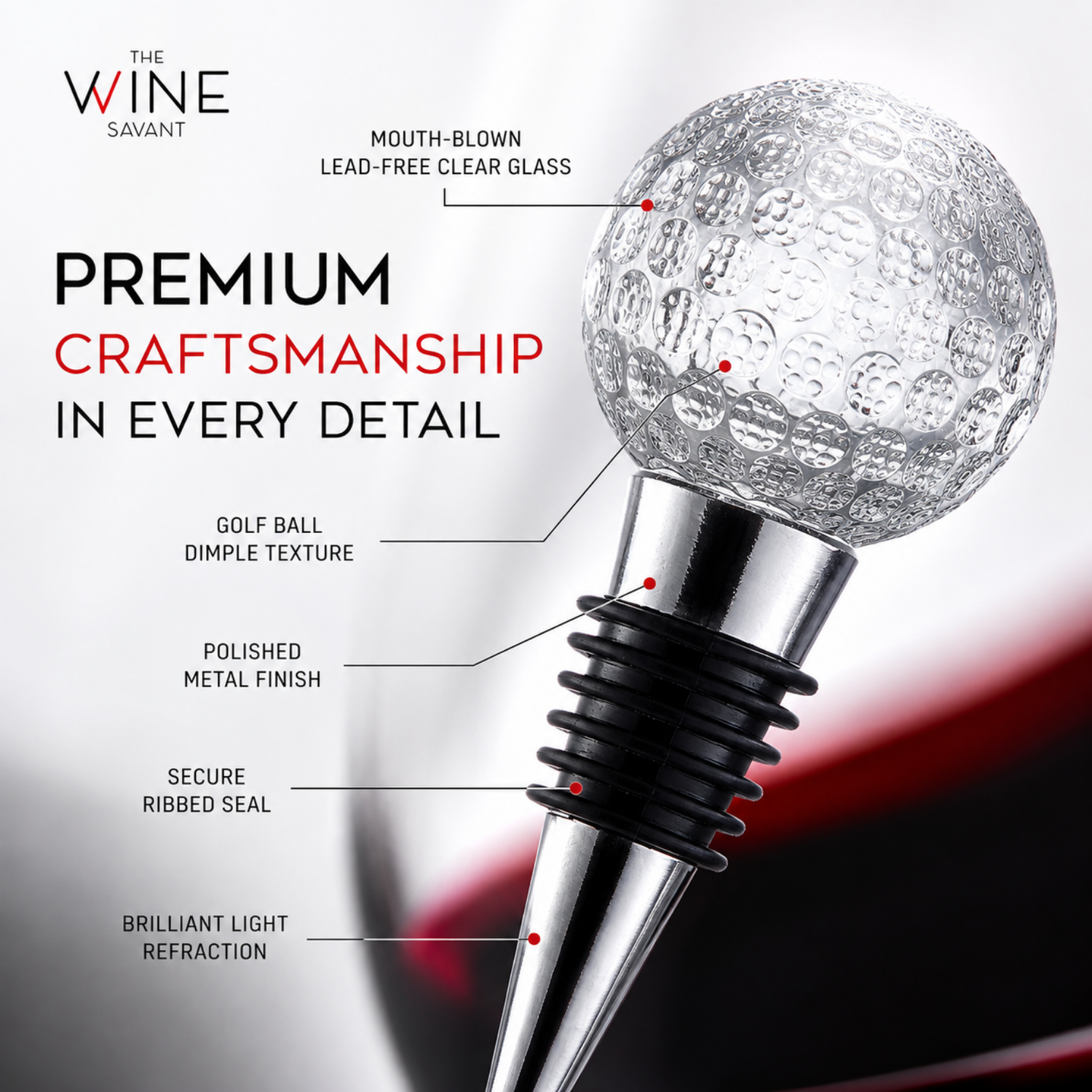 Golf Ball Wine Champagne Bottle Stopper Mouth Blown Lead Free Clear Glass Stopper Novelty Glassware