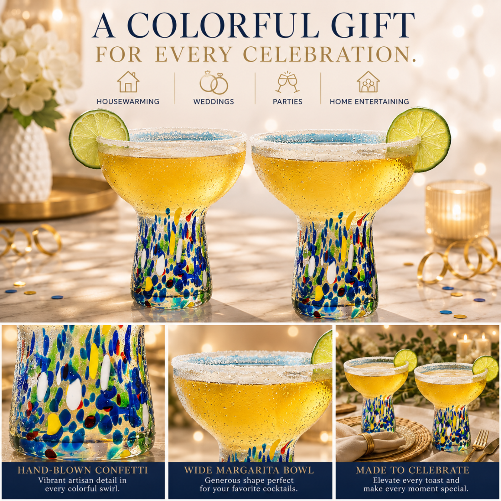 Stemless Margarita Glass Set Of 2 14OZ Luxury Hand Blown Confetti Margaritas For Cocktails Water Win