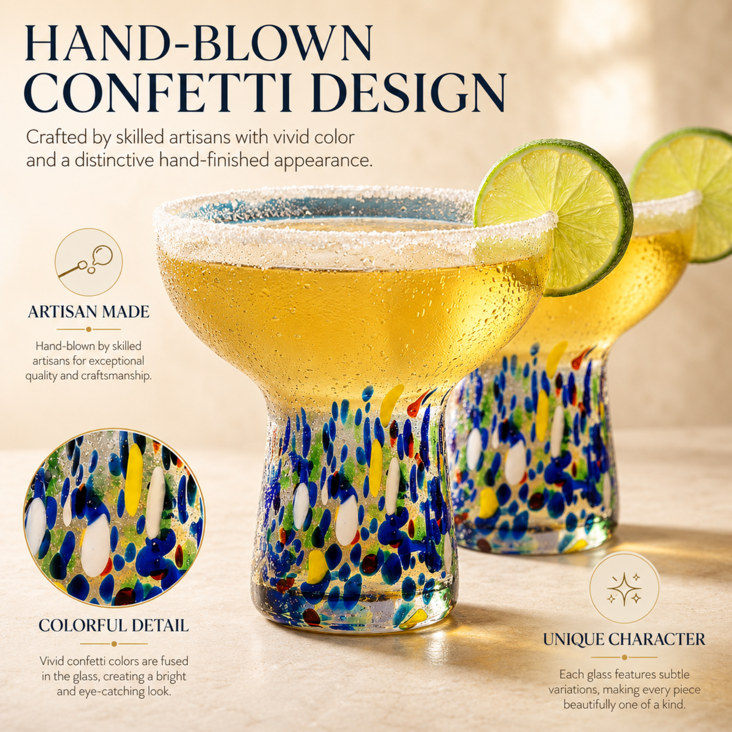 Stemless Margarita Glass Set Of 2 14OZ Luxury Hand Blown Confetti Margaritas For Cocktails Water Win