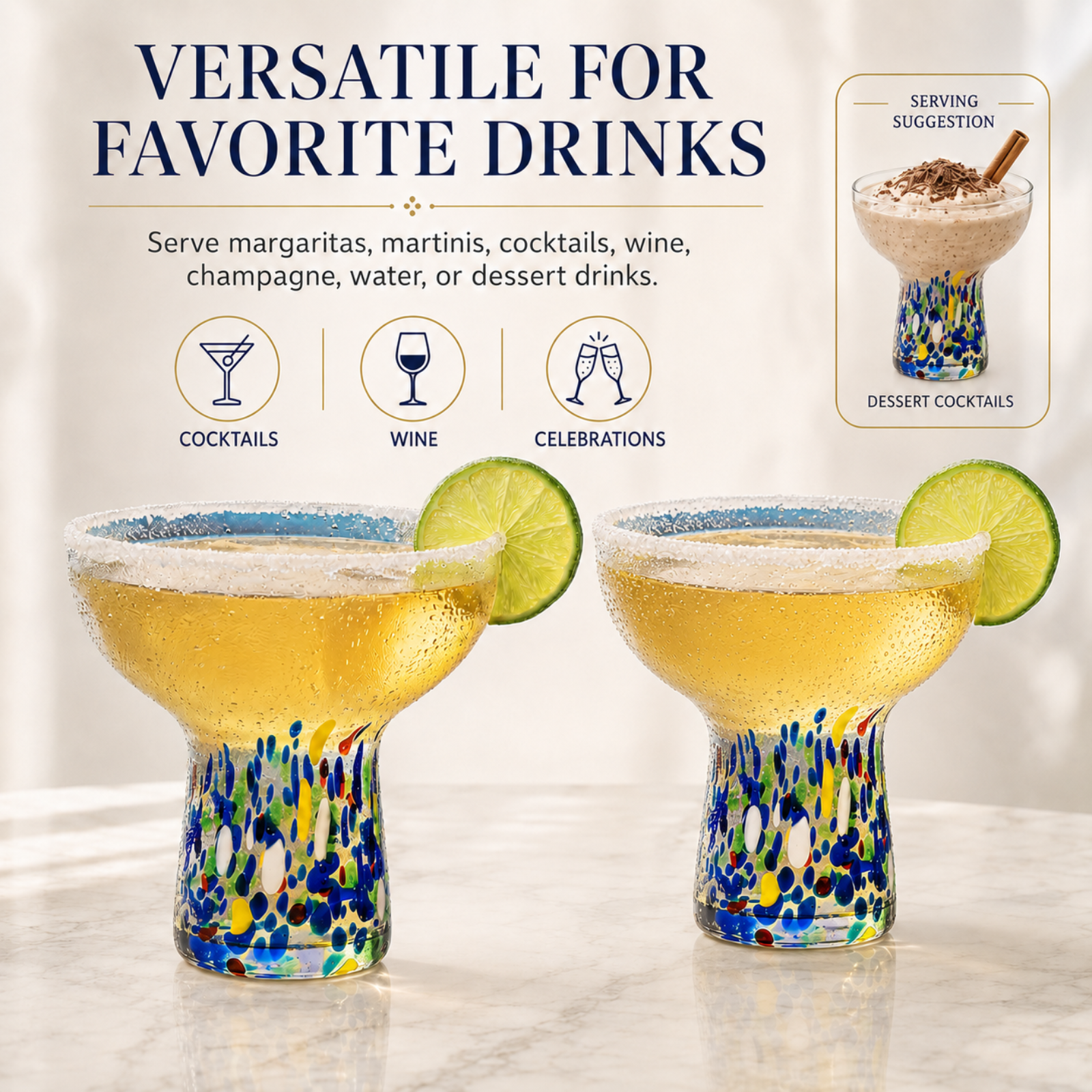 Stemless Margarita Glass Set Of 2 14OZ Luxury Hand Blown Confetti Margaritas For Cocktails Water Win