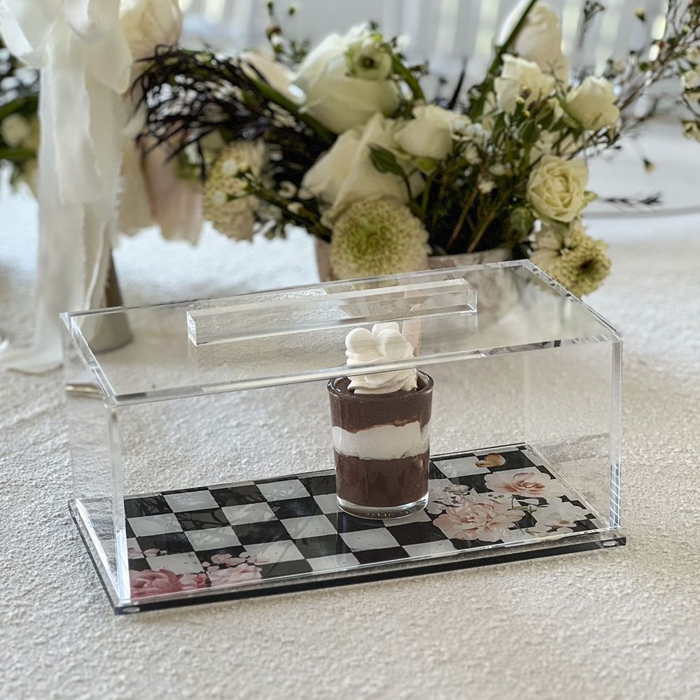 Lucite Black Chic Checkered Rectangle Cake Dome