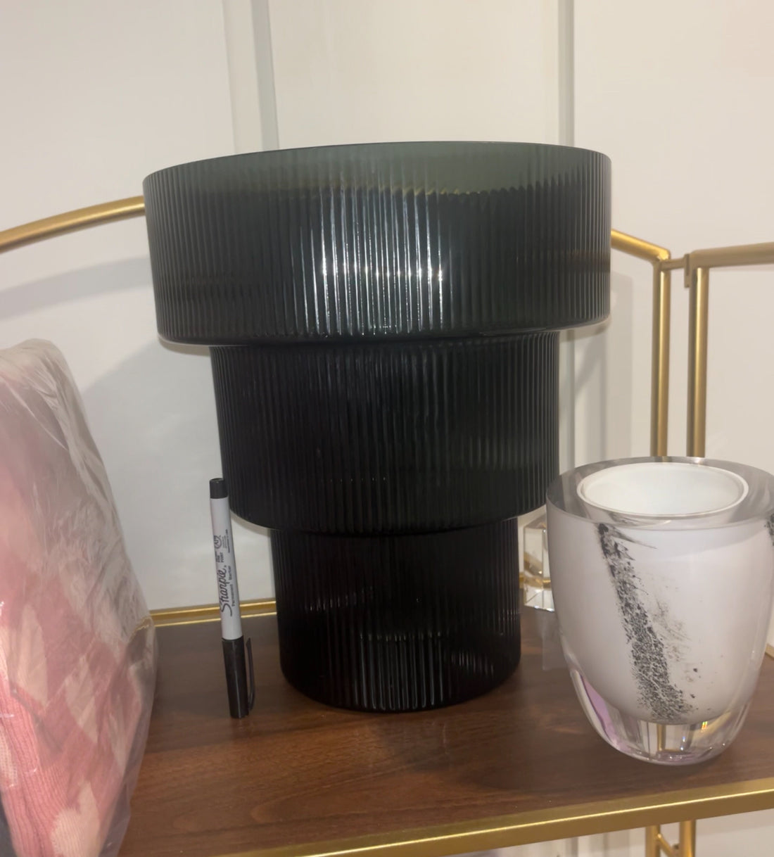 Black glass three tiered round fluted large vase