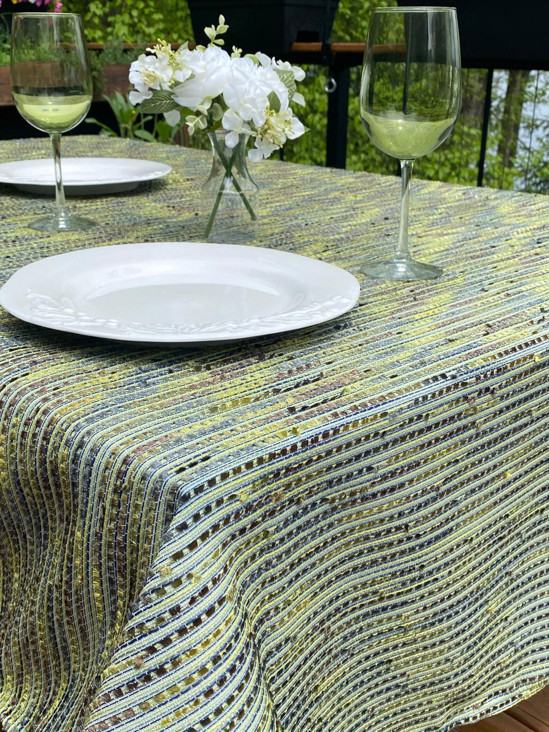 Textured green tablecloth