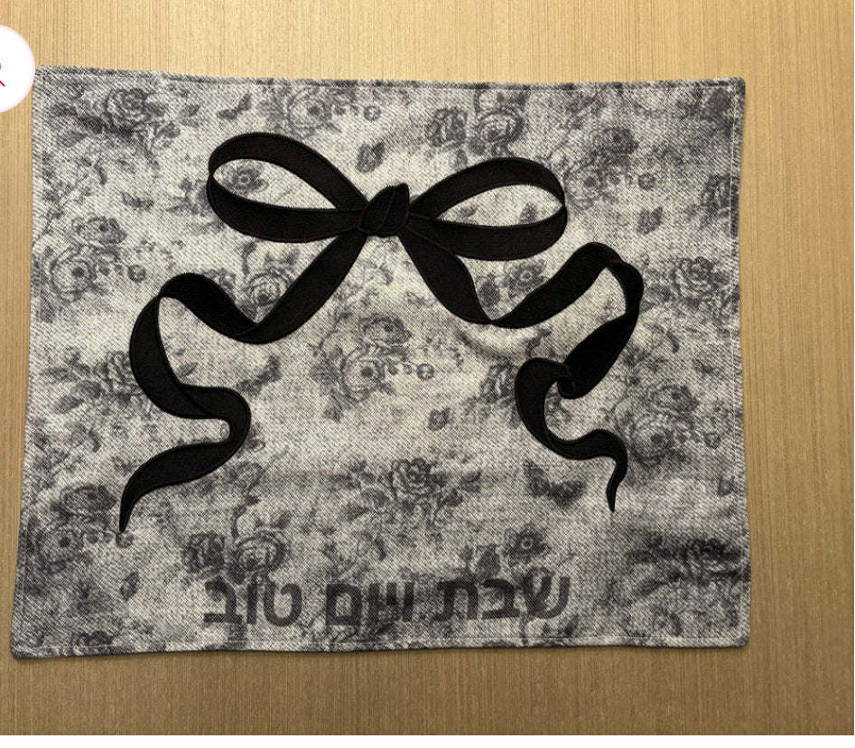 Black bow floral challah cover