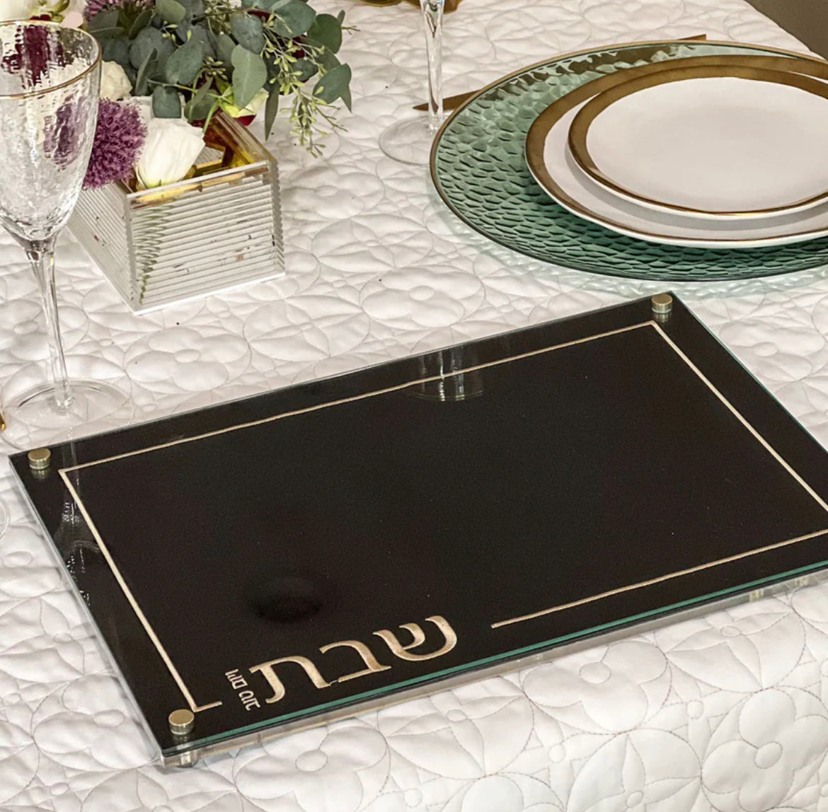 Embroidered Black Leatherette Lucite and Glass Top Challah Board SILVER