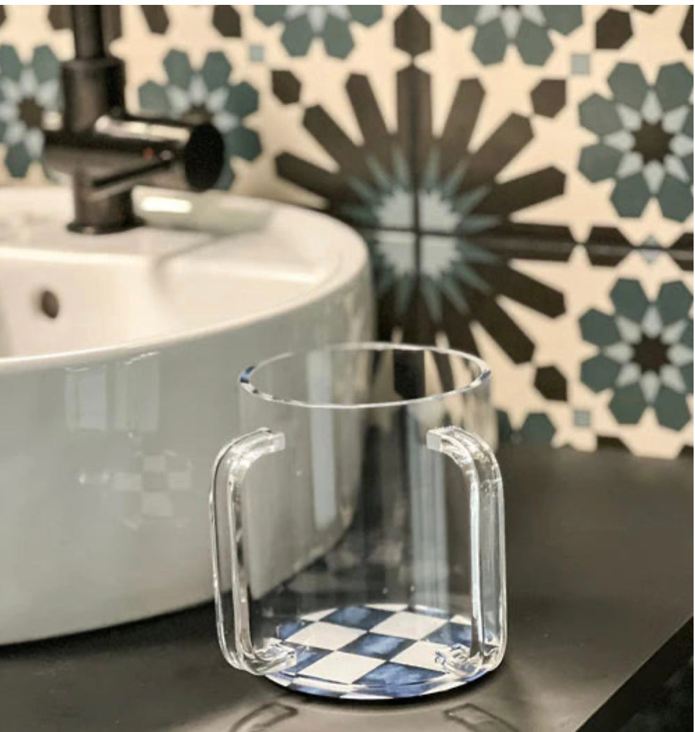 Lucite Wash Cup with Blue check Painted Base