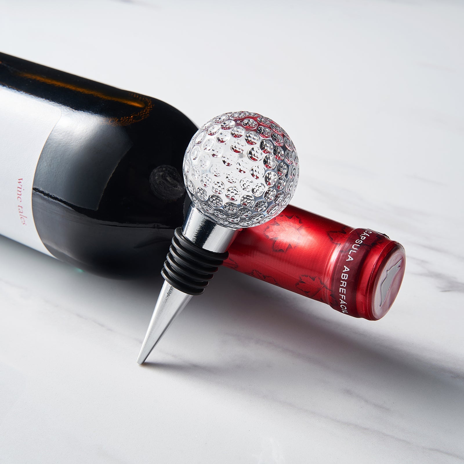 Golf Ball Wine &amp; Champagne Bottle Stopper - Mouth-Blown Lead-Free Clear Glass Stopper, Novelty Glassware Beverage Cork, Wine Top Decoration, Gift for Red or White Wine &amp; Golf Lover Alike 3.8&quot;L