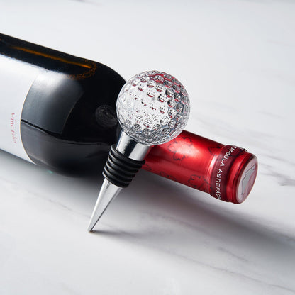 Golf Ball Wine &amp; Champagne Bottle Stopper - Mouth-Blown Lead-Free Clear Glass Stopper, Novelty Glassware Beverage Cork, Wine Top Decoration, Gift for Red or White Wine &amp; Golf Lover Alike 3.8&quot;L