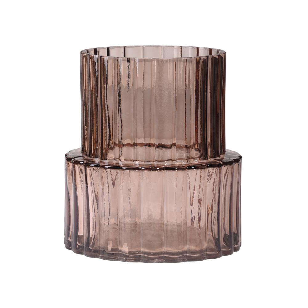 Wide Neck Short Amber Ribbed Glass Vase